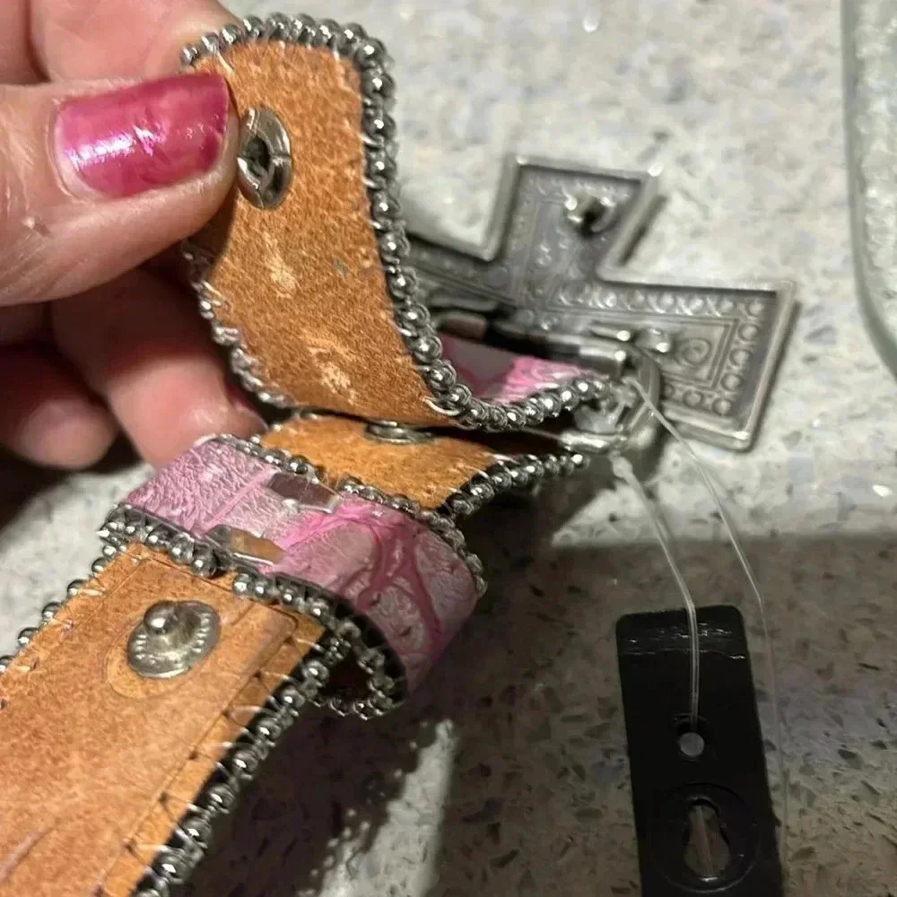 Nocona Genuine Leather lining, pink croc pattern,silver/rhinestone cross buckle